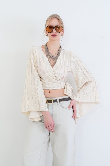 Kruvaze Yaka İspanyol Kol Crop Bluz