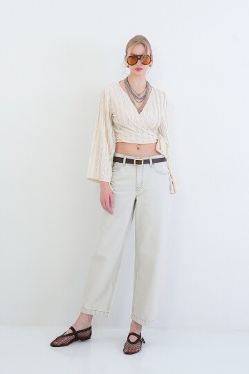 Kruvaze Yaka İspanyol Kol Crop Bluz