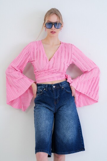 Kruvaze Yaka İspanyol Kol Crop Bluz