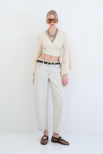 Kruvaze Yaka İspanyol Kol Crop Bluz