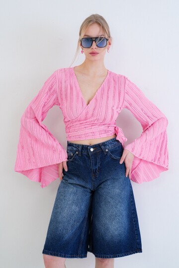 Kruvaze Yaka İspanyol Kol Crop Bluz