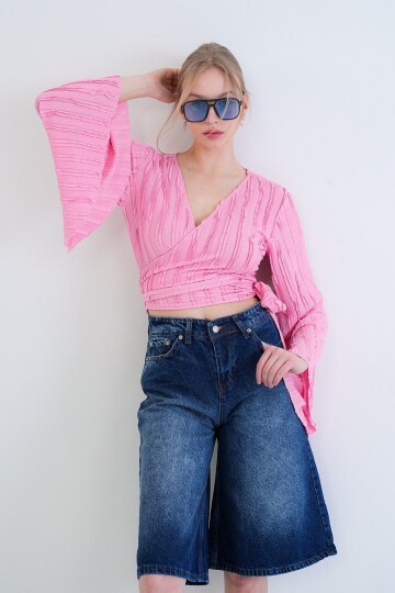 Kruvaze Yaka İspanyol Kol Crop Bluz