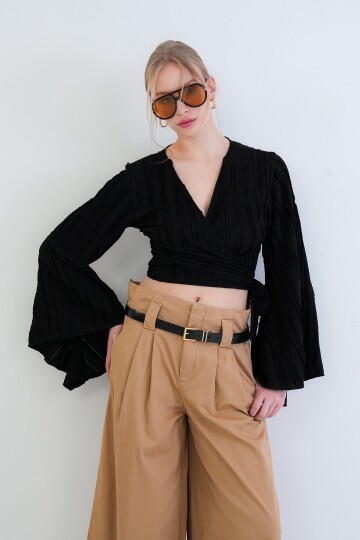 Kruvaze Yaka İspanyol Kol Crop Bluz