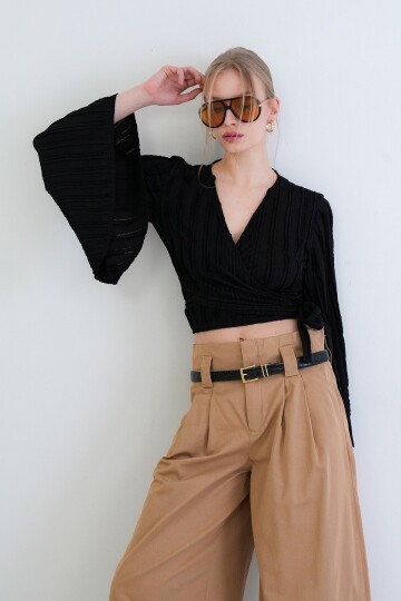 Kruvaze Yaka İspanyol Kol Crop Bluz