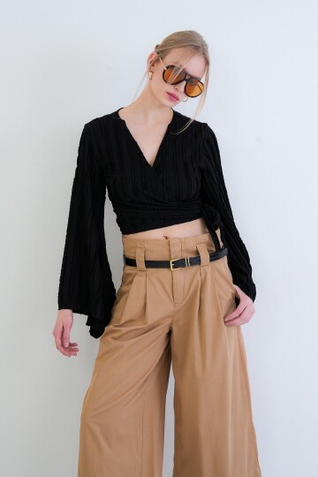 Kruvaze Yaka İspanyol Kol Crop Bluz