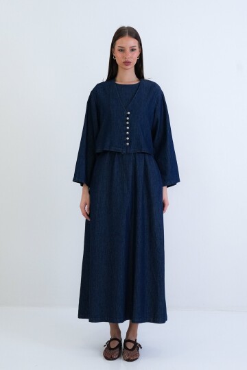 Kuşaklı Elbise Ve Düğmeli Ceket Takım