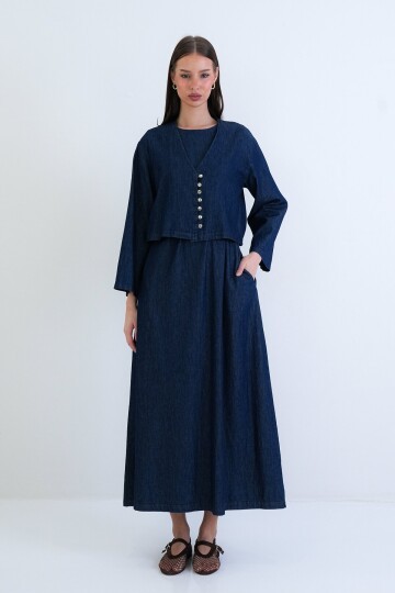 Kuşaklı Elbise Ve Düğmeli Ceket Takım