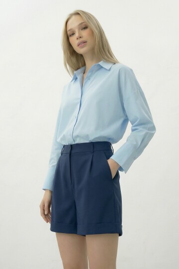 Lacivert Çift Cepli Duble Paça Gizli Fermuarlı Keten Şort