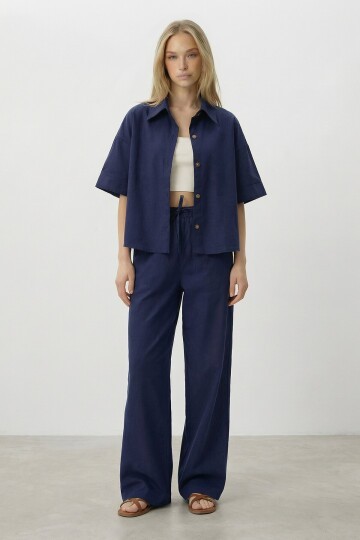 Lacivert Keten Gömlek Ve Palazzo Pantolon Takım