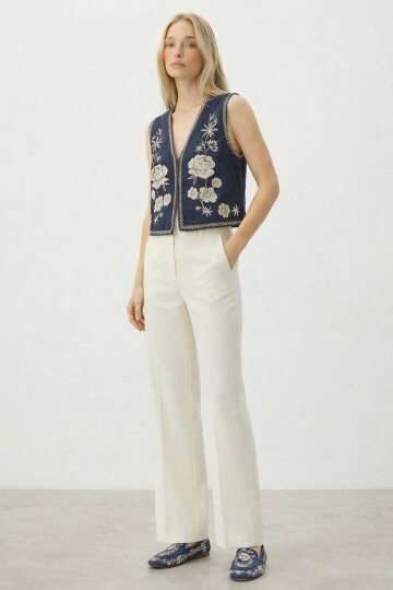 Lacivert Nakış Detaylı Astarlı Dokulu Crop Yelek