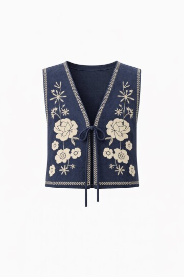 Lacivert Nakış Detaylı Astarlı Dokulu Crop Yelek