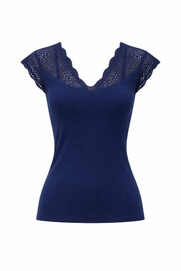 Lacivert Önü Ve Arkası V Yaka Delik Ajurlu Triko Bluz