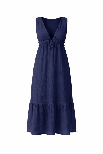 Lacivert V Yaka Fırfır Detaylı Astarlı Müslin Elbise