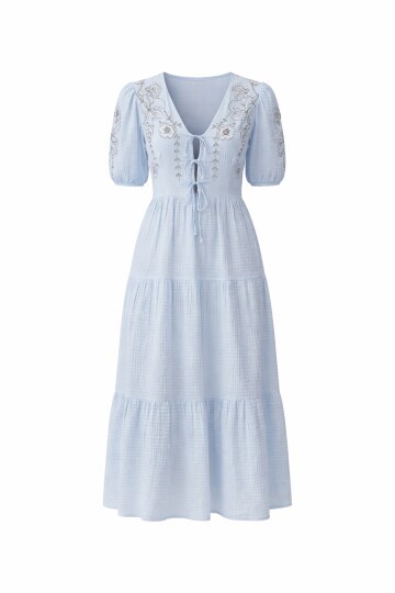 Mavi Nakışlı Bağlama Detaylı Midi Boy Müslin Elbise