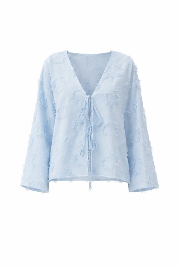 Mavi V Yaka Önü Bağlamalı Püskül Detaylı Yazlık Keten Ceket