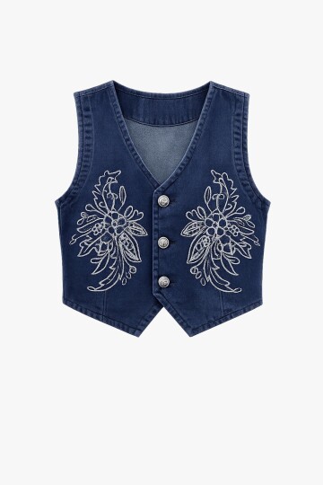 Nakışlı Kot Yelek Ve Denim Pantolon Takım