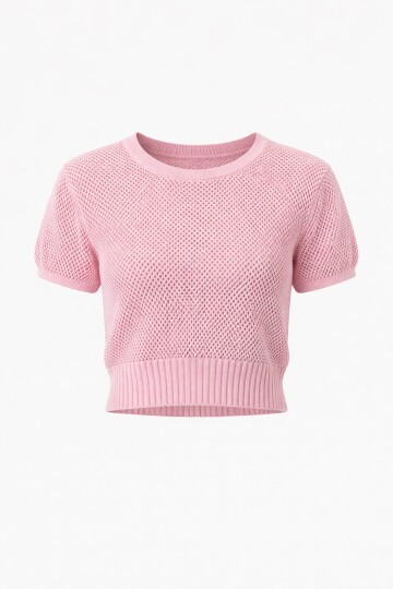 Pembe Beli Gipeli Ajurlu Crop Bluz
