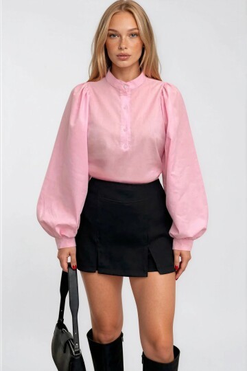 Pembe Hakim Yaka Önü Düğmeli Balon Kol Poplin Dokuma Gömlek