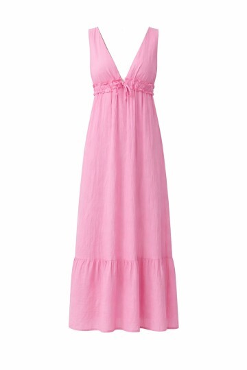 Pembe V Yaka Fırfır Detaylı Astarlı Müslin Elbise