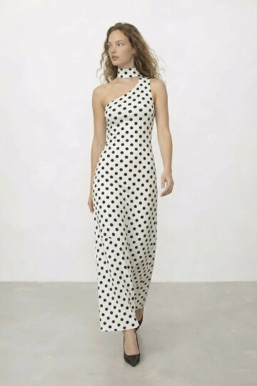 Puantiyeli Tek Omuz  Midi Elbise
