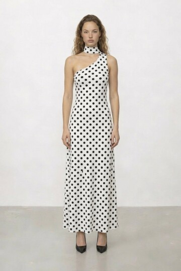 Puantiyeli Tek Omuz  Midi Elbise