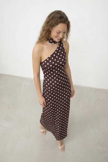 Puantiyeli Tek Omuz  Midi Elbise