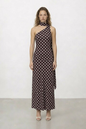 Puantiyeli Tek Omuz  Midi Elbise