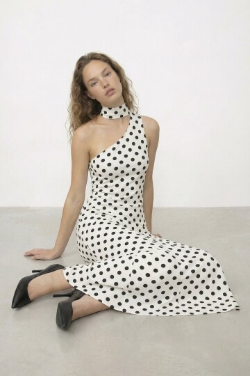 Puantiyeli Tek Omuz  Midi Elbise