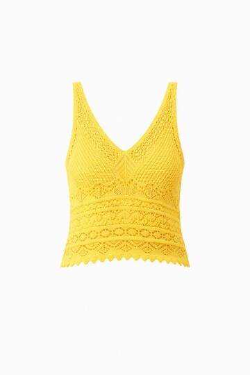 Sarı Askılı Ajurlu Örme Crop Bluz