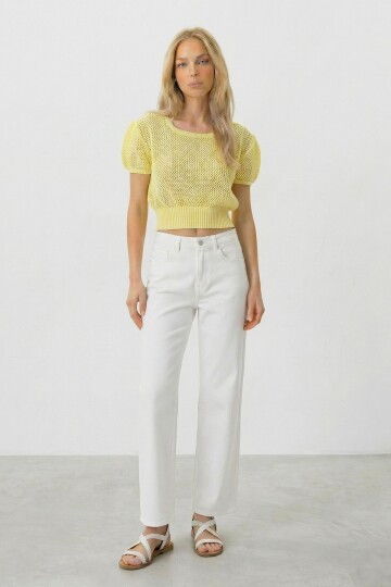 Sarı Beli Gipeli Ajurlu Crop Bluz