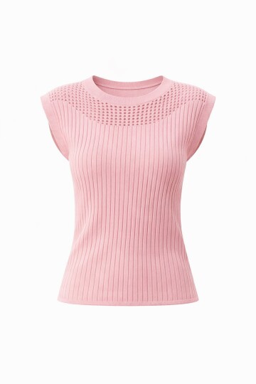 Şeker Pembe Kayık Yaka Omuzları Delik Ajurlu Kolsuz Triko Bluz