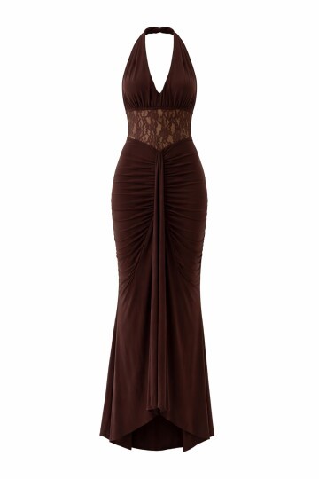 Sırt Dekolteli Dantel Detaylı Uzun Elbise