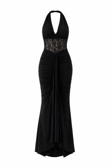 Sırt Dekolteli Dantel Detaylı Uzun Elbise