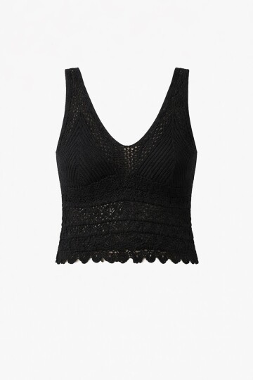 Siyah Askılı Ajurlu Örme Crop Bluz