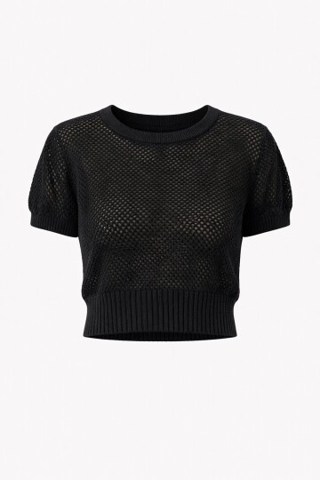 Siyah Beli Gipeli Ajurlu Crop Bluz