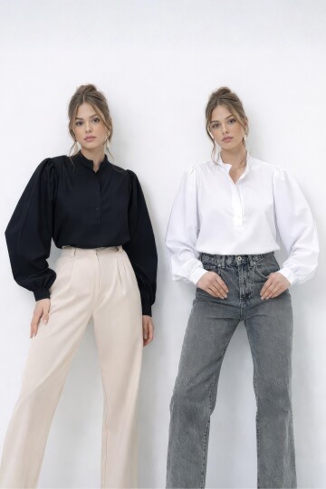 Siyah Beyaz Hakim Yaka Yarım Pat Balon Kol Poplin Dokuma 2Lİ Set Gömlek Takım