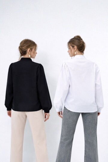 Siyah Beyaz Hakim Yaka Yarım Pat Balon Kol Poplin Dokuma 2Lİ Set Gömlek Takım