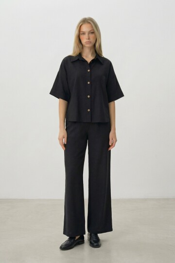 Siyah Keten Gömlek Ve Palazzo Pantolon Takım