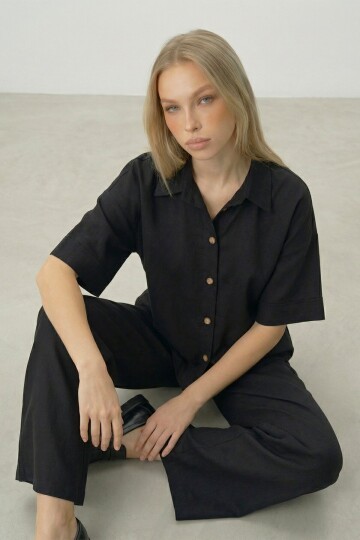 Siyah Keten Gömlek Ve Palazzo Pantolon Takım