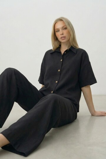 Siyah Keten Gömlek Ve Palazzo Pantolon Takım