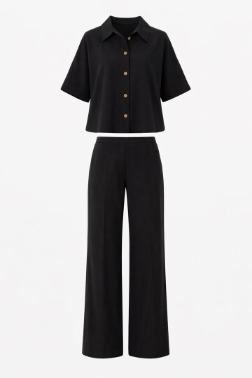 Siyah Keten Gömlek Ve Palazzo Pantolon Takım