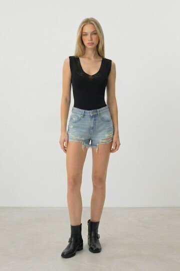 Siyah Ön Arka V Yaka Ajurlu Yazlık Triko Bluz