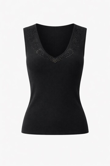 Siyah Ön Arka V Yaka Ajurlu Yazlık Triko Bluz