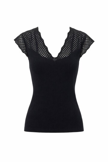 Siyah Önü Ve Arkası V Yaka Delik Ajurlu Triko Bluz