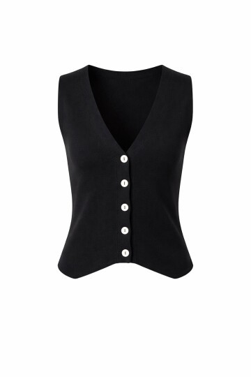 Siyah V Yaka Düğmeli Yazlık Triko Yelek