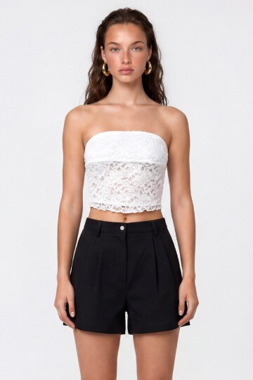 Straplez Dantel Detaylı Crop Bluz