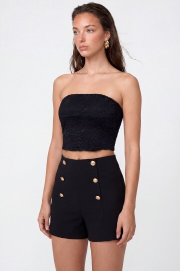 Straplez Dantel Detaylı Crop Bluz