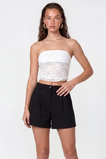 Straplez Dantel Detaylı Crop Bluz