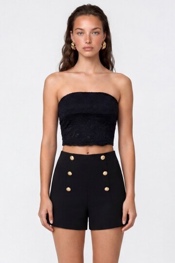 Straplez Dantel Detaylı Crop Bluz