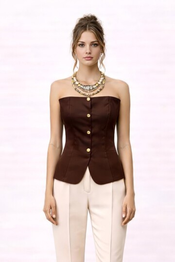 Straplez Düğme Asimetrik Kesim Bluz